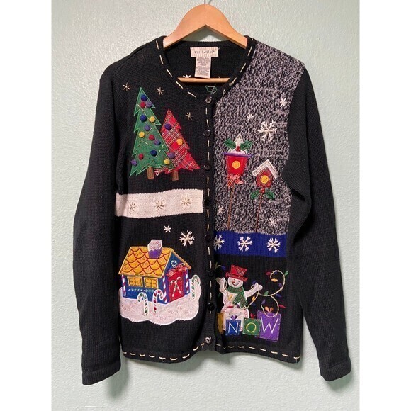 Christmas Winter Snowman Tree Black Sweater Size‎ Large - Picture 1 of 9